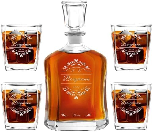 Maverton Whiskey Karaffe + 4 / 6er Whiskygläser Set mit Gravur - 700ml Whisky Dekanter - Geschenk zum Hochzeitstag für Paar - Monogramm