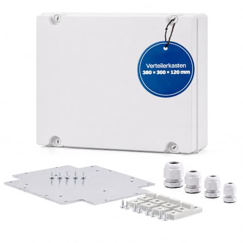 Intratec caja industrial 380x300x120mm, plástico, IP65, con tornillos de bisagra, incluye placa de montaje y prensaestopas