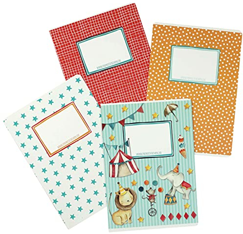 Papierdrachen 4 hochwertige Schulhefte für Kinder DIN A5 | liniert und kariert 32 Seiten - Motiv Zirkus - zur Einschulung für Grundschüler - Set Nummer 3-16 Blatt