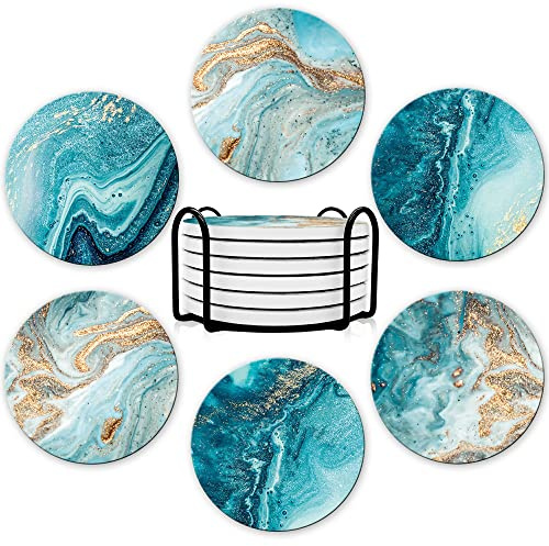 Sous-verres, Lot de 6 sous-verres de design premium avec support, sous-verres pour boissons en pierre de céramique absorbante, joli cadeau pour décoration de Noël, cadeaux de Noël, bleu
