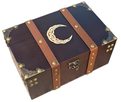 vuagmiv Truhe aus Holz und Leder, Holzkiste mit halbmondförmiger Gravur und Samtfutter, Aufbewahrungsbox für Wicca-Zubehör und -Werkzeuge mit keltischem Mond