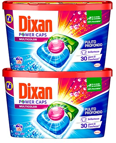 Dixan - Detergente en cápsulas multicolor para ropa de color, con tecnología de limpieza profunda, acción limpiadora ya 30°, 2 paquetes de 15 cápsulas cada una