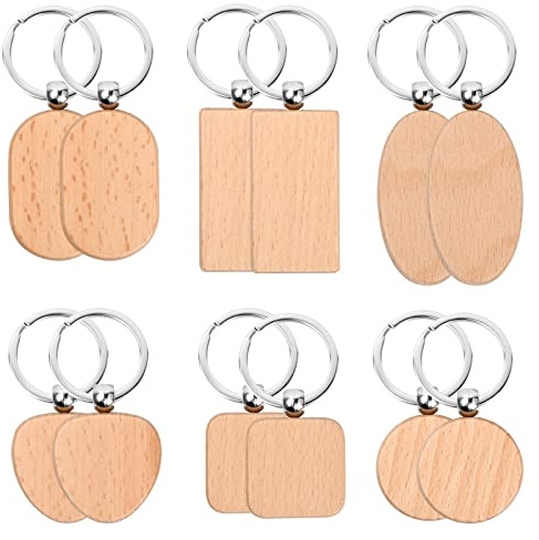 12 Pcs Porte-Clés en Bois, Bricolage Vierge Porte Clés Bois Brut avec Anneau, Personnalisé Rectangle Naturel Étiquettes en Bois Porte-Clés pour Clés Femmes Hommes Cadeau Décor