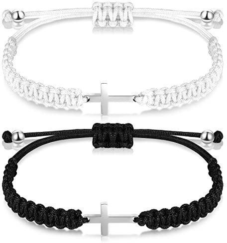 Sureio Cross Friendship Bracelet Adjustable Braided Rope Jesus Christian Cross Bracelets Matching Couple String Lucky Strand BFF Wristband for Women Men Boy Girls Easter Baptism(White/Black)