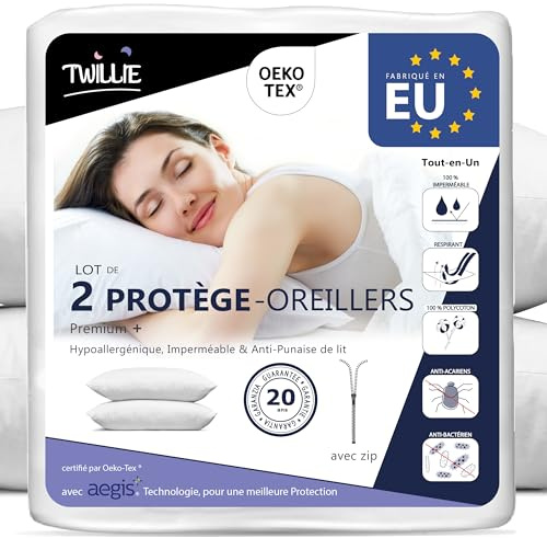 Twillie Kissenbezug Wasserdichter 70x90 cm (Set mit 2 Stück) - Aegis® - Öko-TEX® zert. – Kissenschoner mit Reißverschluss – Kissenschutzbezug Atmungsaktiv, Hypoallergen, Anti-Milben, Antibakteriell