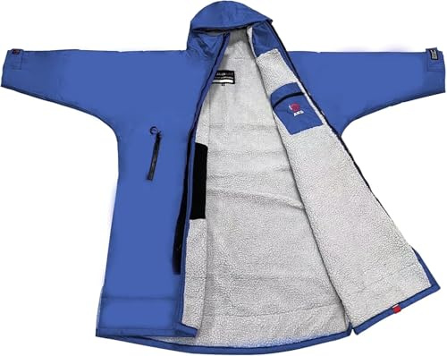 Wasserdichter Oversize-Bademantel für Erwachsene, winddicht, mit Kapuze, Surf, Poncho, Mantel, Badetuch – Schwimmen, Surfen, OCR-Events – lange Ärmel (Marineblau/Grau, S)