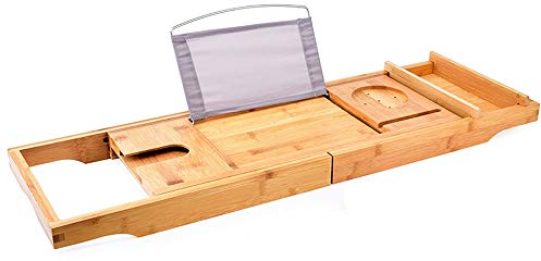 NISMIA Weinregal Wandmontage Hochwertiges Bambus-Badewannenregal, Wunderschöne, Ausziehbare Badewannenablage Mit Weinglashalter Und Halter/Buchstütze, 75–109 cm X 23 cm