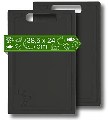 Schneidebrett Kunststoff (2er Set - 38,5 x 24 cm Groß - Schwarz) - Spülmaschinenfest - Schneidebretter Rutschfest - Küchenbrett mit Anti-Rutsch - Schneidbrett mit Saftrille (Anthrazit / Graphit)