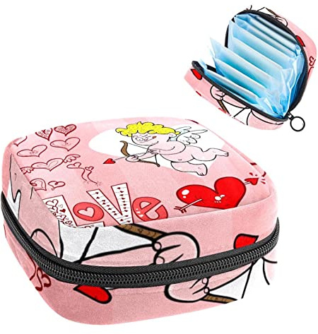 Pinke niedliche Amor-Liebes-Muster, tragbar, Tampon-Aufbewahrungstasche für Damenbinden, Mehrfarbig, 4.7x6.6x6.6 in/12x17x17 cm
