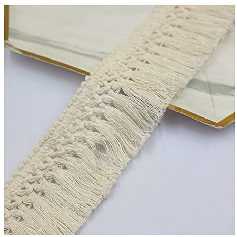 Yurosiay Cinta de Encaje Borla Algodón Vintage Colorido - 20m×4cm Trenzado Flecos Bordüre Ornamentales para DIY Costura Beige