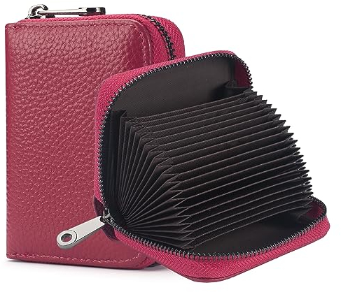 FACATH RFID-Blockierung Kreditkarteninhaber 20 Kartenschlitze Kreditkarteninhaber Echtleder kleines Kartenetui für Frauen oder Männer Akkordeon Brieftasche mit Reißverschluss (Rosa rot)