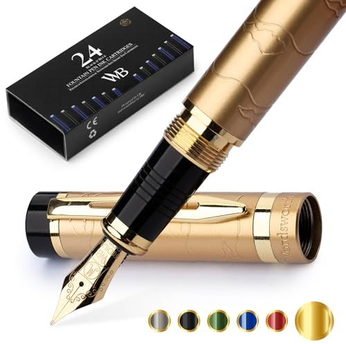 Wordsworth & Black Primori Fountain Pen Set [Stunning Gold]; Medium Nib, Gift Case, 24 Ink Cartridges, Refill Converter, Manual; Journaling, Calligraphy, Smooth Writing Pens; Left and Right Handed