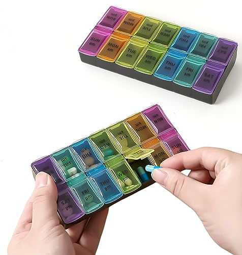 Echehi 7 Tage AM PM Pillendose 2 Stück, Tablettenbox 7 Tage mit Einzigartigem Einfachen Druckknopf, BPA-freie Pillendose Klein für Medikamente, Vitaminpillen, Fischöl und Nahrungsergänzungsmittel