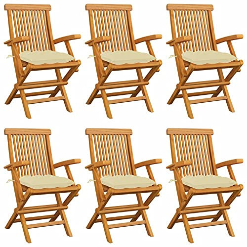 GuyAna Gartenstühle mit Cremeweißen Kissen 6 STK. Massivholz Teak Klappstuhl Balkon Gartensessel