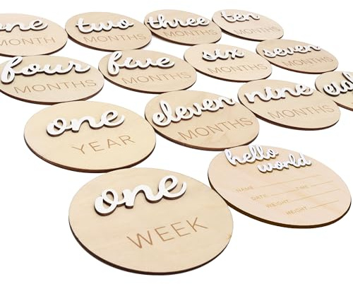 3D Wooden Monthly Milestone Cards, Baby Monthly Milestone Marker Cards, Newborn Memento Milestone to Document Baby's Growth, Pregnancy Journey Sign -incl Announcement & Hello World Sign.