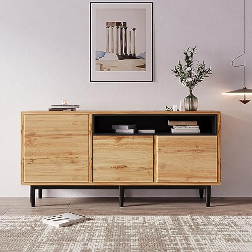 Merax Sideboard Holz, Modernen Kommode mit 3 Türen, Schrank mit viel Stauraum, für Wohnzimmer, Esszimmer & Schlafzimmer, 160x35x76 cm, Holzfarbe
