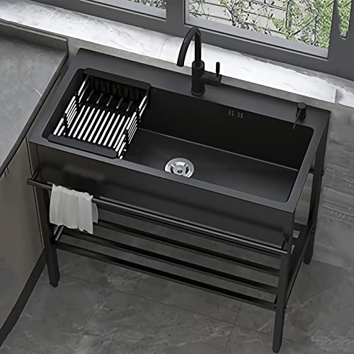 BGFYUSF Küchenspüle, schwarzes Einbauwaschbecken, freistehendes Spülbecken aus Edelstahl, gewerbliches Handwaschbecken mit Wasserhahn und Abtropffläche für Garage, Hundebad, Garage