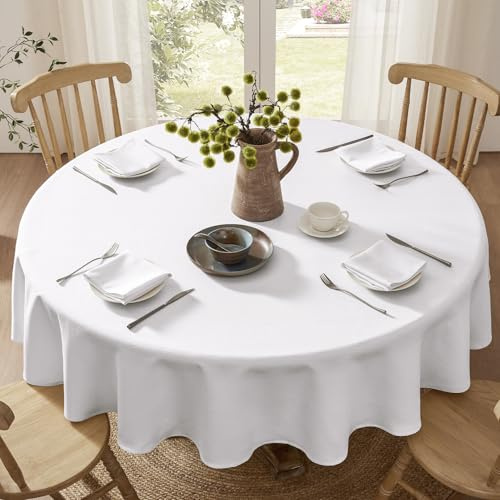 Softalker Mantel Mesa Redondo 120 cm Blanco Antimanchas Impermeable Elegante Manteles mesas Redondas Textura Lino para cumpleaños Jardin Exterior Picnic Comedor Concina,Terraza,Otoño,Invierno