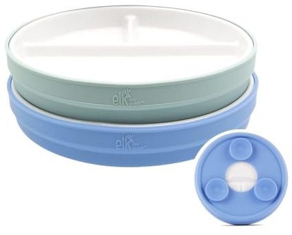 Elk and Friends 6,7 Zoll große, unterteilte Porzellanteller für Kinder mit Silikon-Saugmanschetten. Geeignet Babys, Kinder Kleinkinder. Mikrowellen- und spülmaschinenfeste, rutschfeste Snackteller.