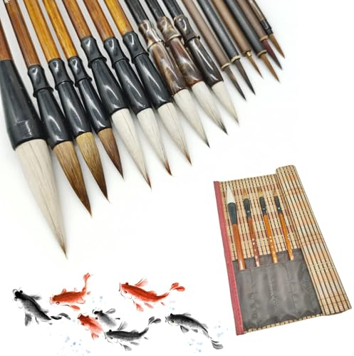 MEYAGOT Chinesischer Kalligraphie-Pinsel,16 Stück Kalligraphie Pinsel Mit Stiftvorhang,Kalligraphie Sumi Pinsel,Chinesischer Pinsel,Chinesische Pinsel-Set Für Kalligraphie,Anfänger,Studenten,Künstler