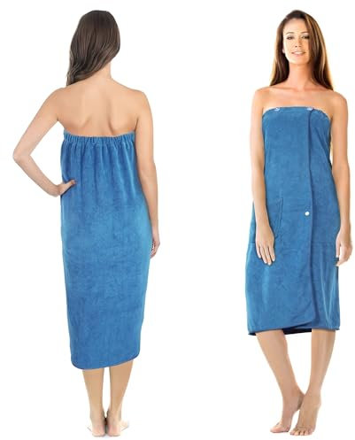 Jokisa Saunakilt Damen, Saunahandtuch mit Knöpfen–Saunatuch Damen aus 400 g/m² Mikrofaser, mit Taschen und Gummiband, Handtuchkleid Geeignet für Sauna,Badezimmer, Schwimmbad (Mittelblau)