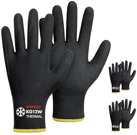 KAYGO Thermo Arbeitshandschuhe Nitril beschichtet, Gefüttert, KG12W | 3 Paar Warm Arbeitshandschuhe mit Grip für Herren Damen Kühlhaus Winter Arbeit Bau Lager Auto Garten DIY (Schwarz, L, Gr 9)