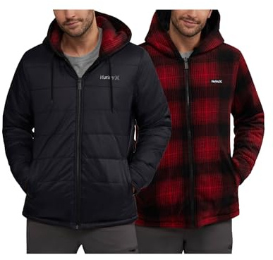 Hurley Mens Puffer Jacket - Quilted Nylon to Plaid Fleece Lined Reversible Puffer Jacket - Insulated Winter Jackets for Men, Size Medium, Black