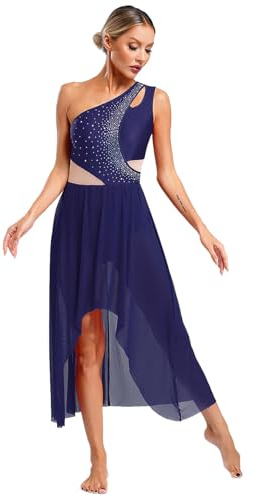 RUNQHUI Robe Danse Contemporaine Femme Strass Une Epaule Asymétrique Robe Danse Latine Jazz Justaucorps Gymnastique Patinage Bleu Marine S