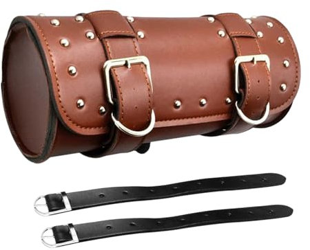 Shkalacar PU Leather Motorcycle Fork Bag with Adjustable Straps - Handlebar Tool Saddlebag for Most Motorcycles - Brown/Black