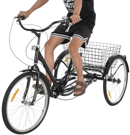 HUSPOO 24-Zoll-Dreirad für Erwachsene, 7-Gang-Fahrrad-Dreirad mit Korb, Rahmen aus Aluminiumlegierung, Maximale Belastung 120KG, Citybike für Ausflüge und Sport (Schwarz)