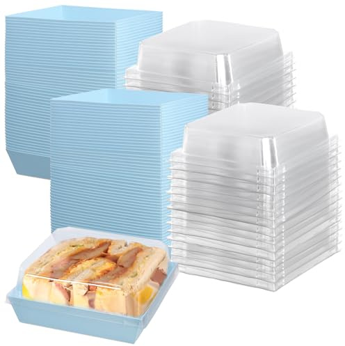 UNGFEI 100 PCS 11 x 12cm Cake Slice Box with Clear Lids, Plastic Charcuterie Box, Individual Square Cake Slice Boxes for Bakery, Sandwich, Cookies, Blue