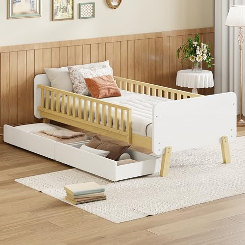 YESGIGA Cuna 90x190 con 2 cajones, cama individual de madera maciza con somier (blanco)