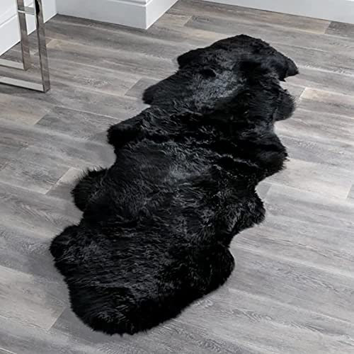 Luxuriöser echter schwarzer Schaffell-Teppich für Sofa, Stühle, Bank, Schlafzimmer, Boden, weich, flauschig, Einzelfell, echtes Schaffell, perfekt für Heim- und Geschäftsdekoration, 70 x 200 cm