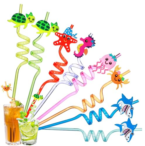 8 cannucce per bambini, riutilizzabili, per feste di compleanno dei bambini, 8 cannucce colorate in plastica, cannucce in plastica per decorazioni di compleanno per bambini (animali marini, 8 pezzi)
