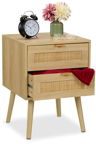 Relaxdays Nachttisch, 2 Schubladen mit Rattan, Holzoptik, HxBxT: 55 x 40 x 41,5 cm, Nachtschrank, versch. Anzahl, Natur