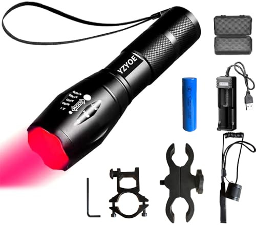 YZYOE Linterna táctica de luz roja recargable, linterna de caza Roja 500 yardas zoom, Lámpara depredador cerdos con kit montaje pista Picatinny universal con interruptor presión.