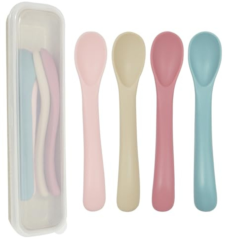 4 Pack Silicone Baby Spoons, Soft First Stage Feeding Spoons for Infants, Bendable & Chew Proof Training Utensils for Baby Led Weaning & Self Feeding, BPA Free, with Storage Box