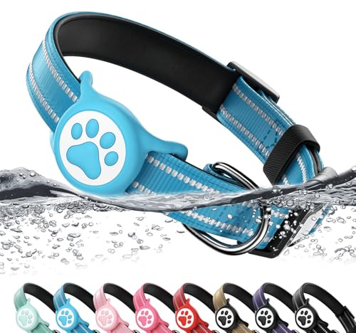 Airtag Dog Collar, Reflective Ultra-Durable Nylon Padded with QR Code Buckle & IP68 Waterproof Air Tag Holder Compatible for Apple AirTag, Comfortable for Small Medium Large Dogs(Blue,M)