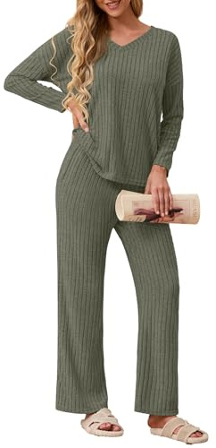 GRECERELLE Conjunto de pijama para mujer, ropa de descanso para mujer, ropa de descanso acanalada del Reino Unido, ropa de descanso de otoño de 2 piezas, cuello en V, blusas de manga larga y