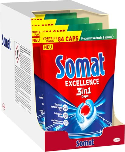 SOMAT Excellence 3in1 Caps 4er Set (4 x 84 Caps) – schnellauflösende Spülmaschinen-Caps gegen hartnäckiges Fett, wirksam im Niedrigtemperatur- & Eco-Programm, für brillanten Glanz