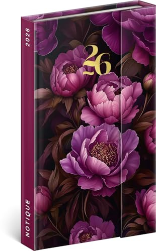 NOTIQUE fickkalender 2026 ca. A5 - Premium veckoplanerare med magnetisk stängning, 144 sidor möteskalender, inbunden bokkalender med månadsöversikt, mötesplanerare (lila blommor)