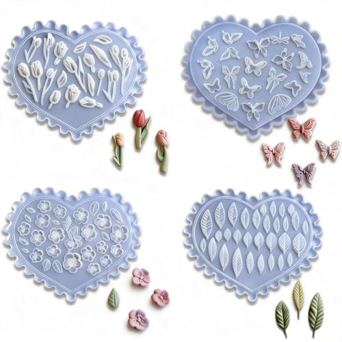Aiyraa 4Pcs Polymer Clay Moulds, Silicone Flower Moulds for Crafting, Peach Blossom, Tulip, Butterfly, Leaf Design, Air Dry Clay Cutters for Jewelry Making, DIY Earring/Keychain，Nail Art