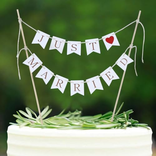 Hochzeitstorte Deko, Cake Topper Hochzeit Vintage, Mini Wedding Wimpelkette | Just Married Tortendeko, Tortentopper, Kuchen Deko Personalisiert, für Hochzeitstorten,Holz Rustikal,Brautpaar Hochzeitsnacht