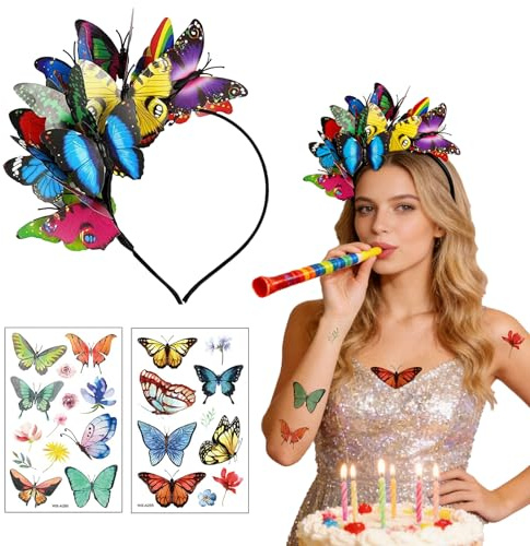 CQXSYTBN Schmetterling Haarreif, Schmetterling Kopfschmuck – farbenfroher Schmetterlingskopfband mit 2 temporären Tattoo-Stickern – bunter Schmetterling Kopfschmuck für Party, Karneval, Kostüm
