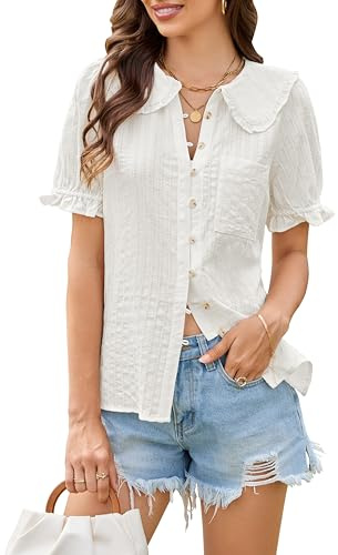 Blusa de muselina para mujer, 100% algodón, con elegante patrón de agujeros, parte superior de verano, manga corta, cuello en V, elegante blusa con cuello de bubi y mangas abullonadas, estilo bohemio