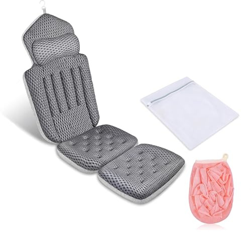 NOLTUQER Full Body Bath Pillow for Bathtub, 192 Suction Cups Gray | 4D Air Mesh Cushion with Head Neck Back Support, Laundry Bag, Loofah, Quick Dry Non-Slip Bath Accessories for Tub, Spa