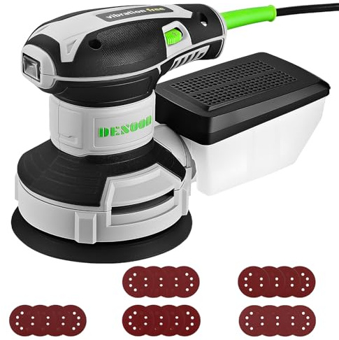 DESOON Random Orbit Sander 300W with 20Pcs Sandpapers, 6 Variable Speed 14000RPM, 125mm Sander with Brake System and Dust Extraction for Sanding, Polishing Wood, DIY, Home