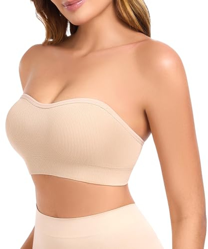 Finduself Strapless Bras for Women Non-Slip Padded Bandeau Bra Wireless Tube Top Bra Including Clear Straps