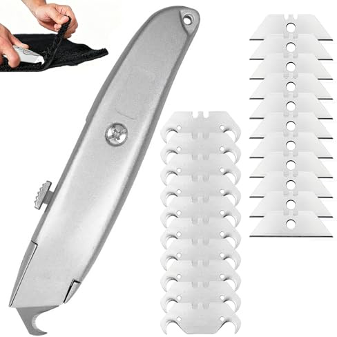 Teppichmesser Hakenklinge,Hakenmesser Cuttermesser mit 20 Ersatzklingen | Teppichmesser Profi,Für Präzises Schneiden von Teppich, PVC-Böden und Dachmaterialien (10 Trapez / 10 Hakenklingen)