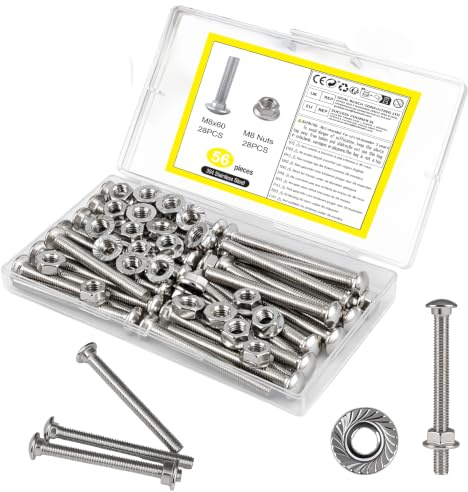 28 Pzs M6 x 60 mm Tornillos de Cabeza Redonda Plana | Tornillos de Carruaje de Acero Inoxidable, Tornillo con Tuercas de Brida Hexagonales, Pernos de Cabeza de Armadura